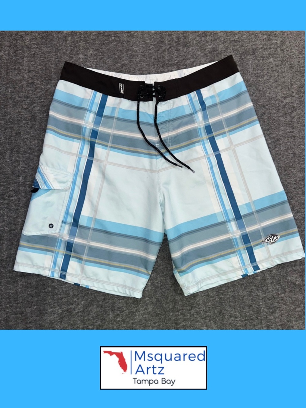 AFTCO Light Blue and Gray Plaid Men's Board Shorts